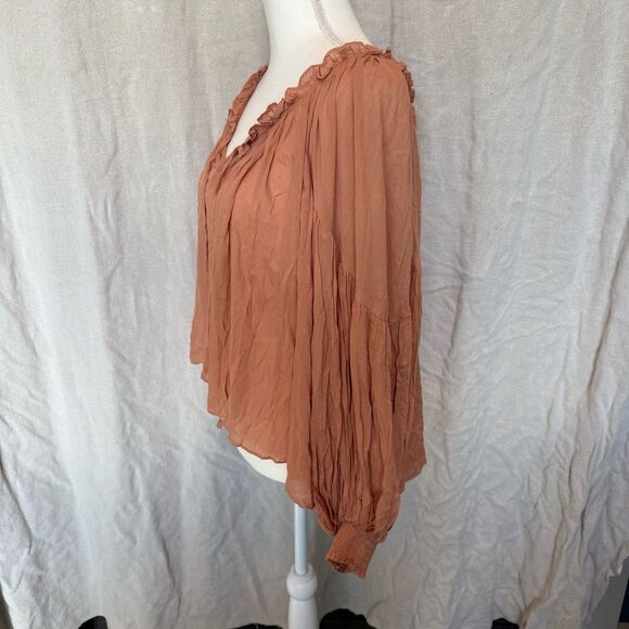 Mustard Seed Blouse Size S Flowy Oversized Apricot Tie Neck Bohemian - Picture 2 of 7